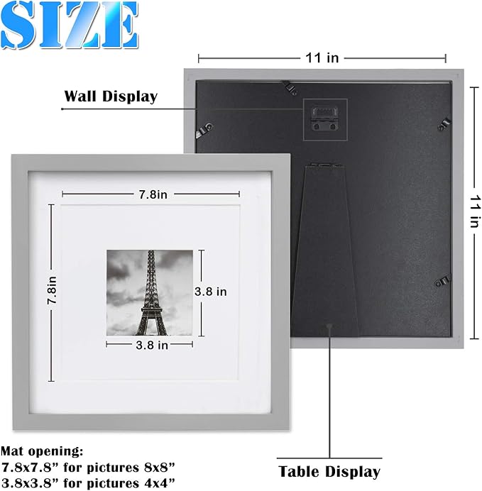 Egofine 11x11 Picture Frames 4 Pack, Display Pictures 4x4 or 8x8 with Mat or 11x11 Without Mat Made of Solid Wood Covered by Plexiglass for Table Top Display and Wall Mounting Photo Frame, Light Gray