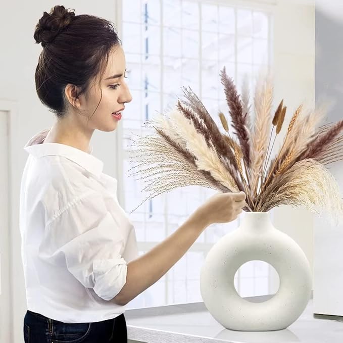 White Ceramic Vase - for Modern Home Decor,Round Matte Pampas Flower Vases Minimalist Nordic Boho Ins Style for Wedding Dinner Table Party Living Room Office Bedroom, Decorative Gift