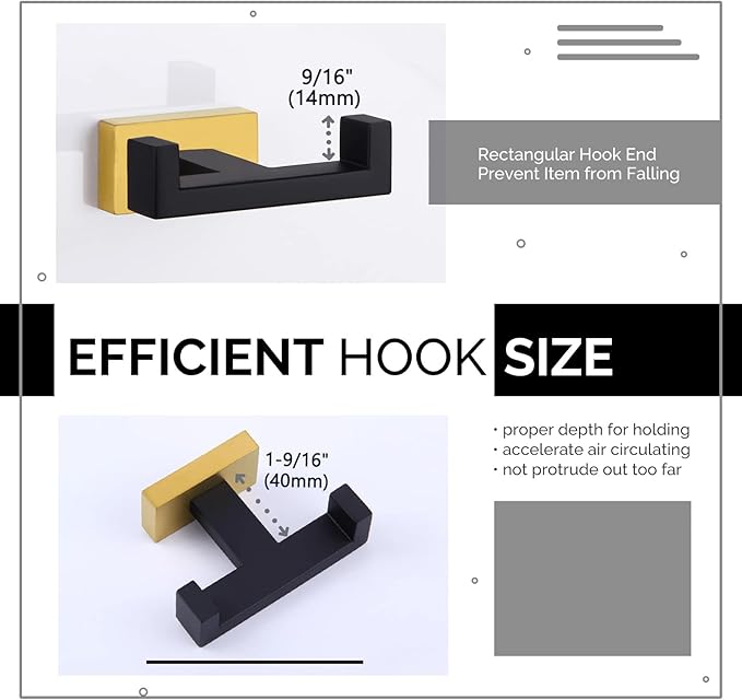 Angle Simple Towel Hook Black & Gold 2 PCS, Stainless Steel Double Hook for Bathroom, Square Robe Hook, Hand Towel Holder for Wall