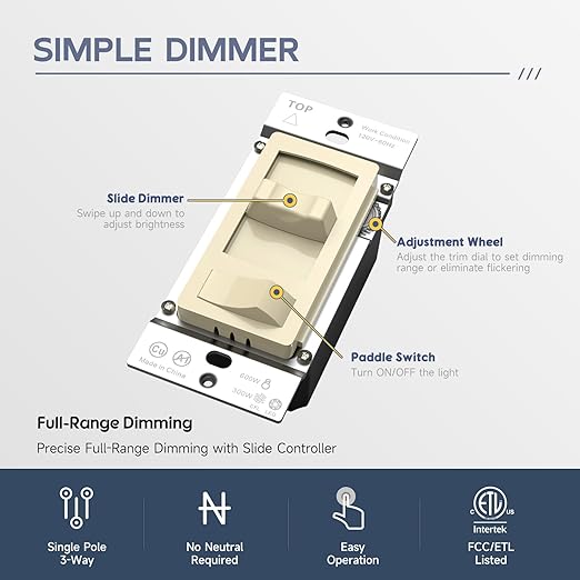 ECOELER Ivory Dimmer Wall Light Switch, Universal Lighting Control for 3-Way/Single Pole, Compatible with 300W Dimmable LED/CFL Lights and 600W Incandescent/Halogen Bulbs, Wallplate Included