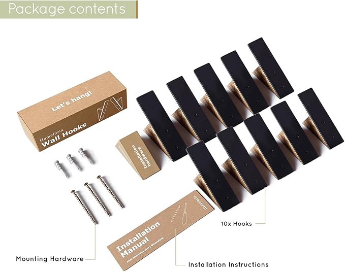 Homeforia Walnut Wood Coat Hooks, High End Walnut Wood & Black Metal Wall Mounted Coat Hook, Mid-Century Modern Clothes Hooks, Heavy Duty Wooden Hook for Hanging Coats, Hats, Towels & More, Set of 10