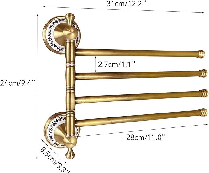 Swivel Towel Rack for Bathroom, Antique Bronze Folding 4 Arms Hand Towel Bars Towel Hanger for Laundry, Wall Mount Storage Space Saving,Porcelain Design