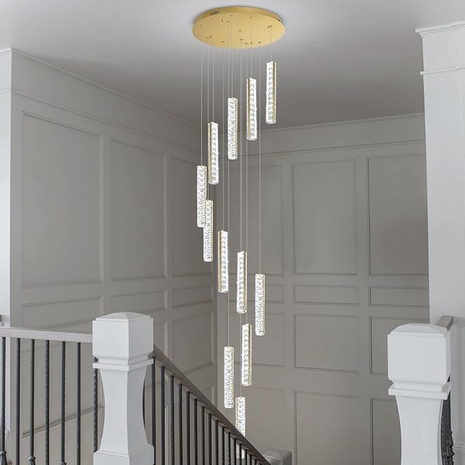 IDEQU Modern LED 120inch Long Spiral Staircase Crystal Chandelier High Ceiling Chandelier Lighting for Foyer Hallway 12-Light Gold Dimmable 2700K-6000K