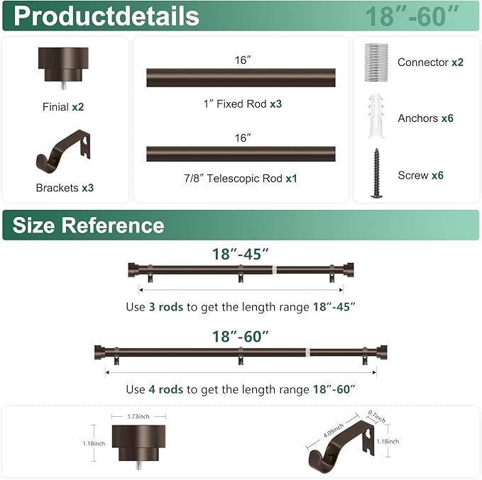 HEI! DEAR Bronze Curtain Rods 18 to 60 Inch(1.5-5ft),1 Inch Heavy Duty Curtain Rods,Adjustable Curtain Rod Set,Modern Decorative Drapery Rods,Telescoping Window Curtains Rods 18-60",Antique Bronze