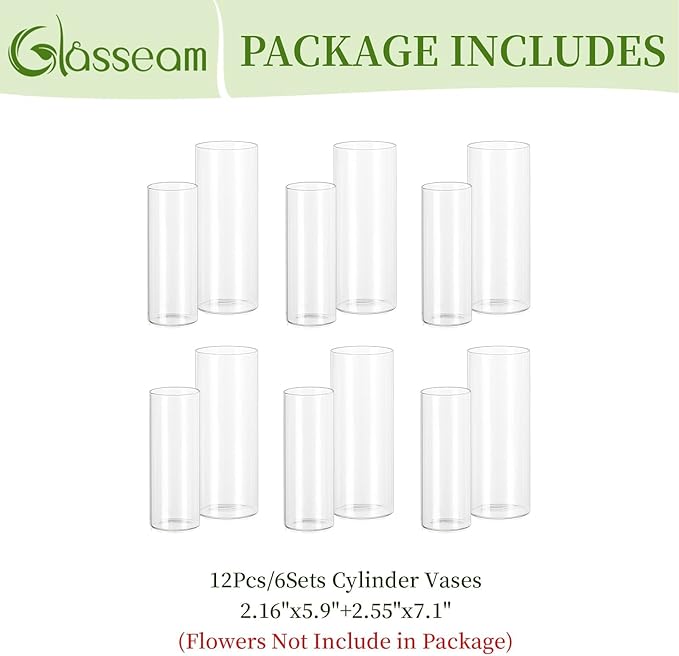 Glasseam Glass Cylinder Vase in Bulk: 12pcs Clear Small Bud Flower Vases for Centerpieces - Modern Hurricane Pillar or Floating Candle Holder for Wedding Party Table Living Room Home Decor, Tall 6"+7"