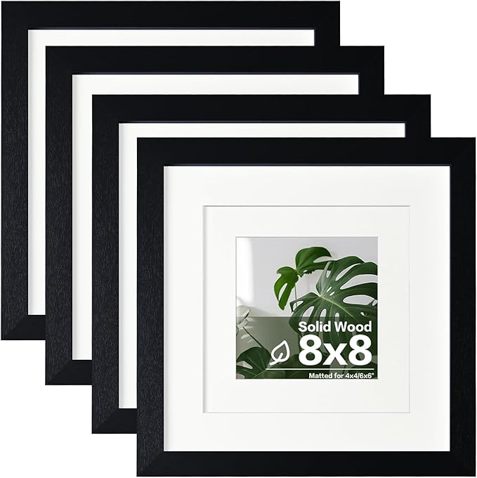 Egofine 8x8 Picture Frame 4PCS, Made of Solid Wood Covered by Plexiglass Display 4x4/6x6 with Mat or 8x8 without Mat, for Table Top Display and Wall Mounting Photo Frame, Black with Texture