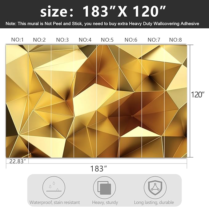 -3D Gold Geometry Fabric Wallpaper Living Room Bedroom Bathroom Modern Large Wall Mural- 183"x120"（ not Peel and Stick）