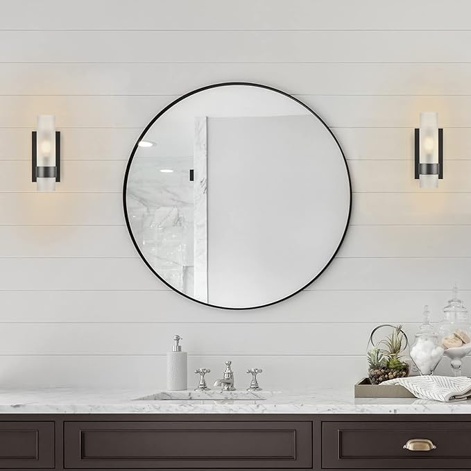 Linea di Liara Teramo Farmhouse Matte Black Modern Bathroom Wall Lights for Hallway and Bedroom Wall Sconce Lighting Fixture - Frosted Glass Shade