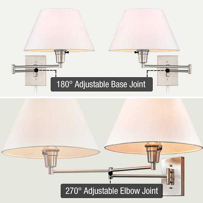 Kira Home Cambridge 15" Swing Arm Wall Lamp - Plug in/Wall Mount + White Fabric Shade, 150W 3-Way + Cord Covers, Satin Nickel Finish
