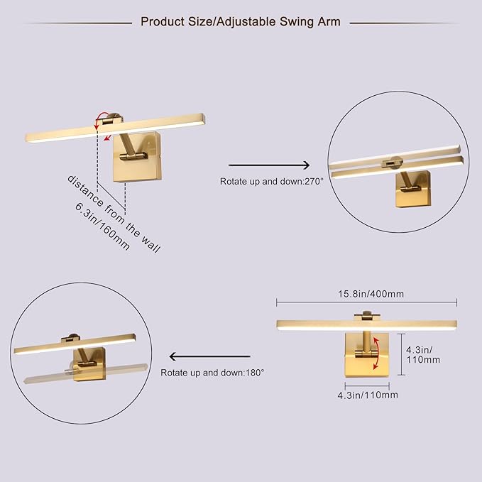 Modern Dimmable Picture Lights for Wall 15.75 Inch Hard-Wired LED Picture Frame Lights for Paintings Gallery Light with Adjustable Swing Arm Display Lights for Artwork, 7W, 2700K, Warm White - Brass