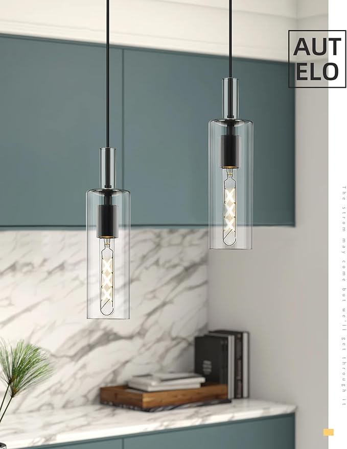 AUTELO Modern Pendant Lights, 1-Light Glass Pendant Light, Industrial Hanging Light Fixtures in Black Metal Finish with Clear Glass, Kitchen Pendant Lighting Over Island for Dining Room, H3875 BK