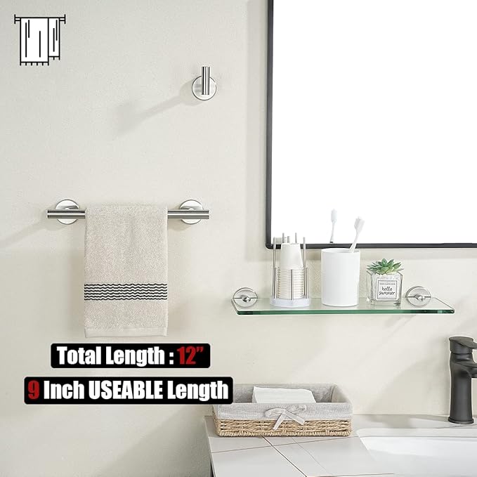 JQK Hand Towel Bar, 12 Inch 304 Stainless Steel Thicken 0.8mm Towel Rack, Bathroom Towel Holder Brushed Finished Wall Mount, Useable Length 9 Inch TB110L9-BN