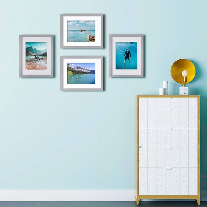 Egofine 11x14 Picture Frames, 4 Pack Display Pictures 5x7/8x10 with Mat or 11x14 Without Mat Made of Solid Wood Covered by Plexiglass for Table Top Display and Wall Mounting Photo Frame, Light Gray