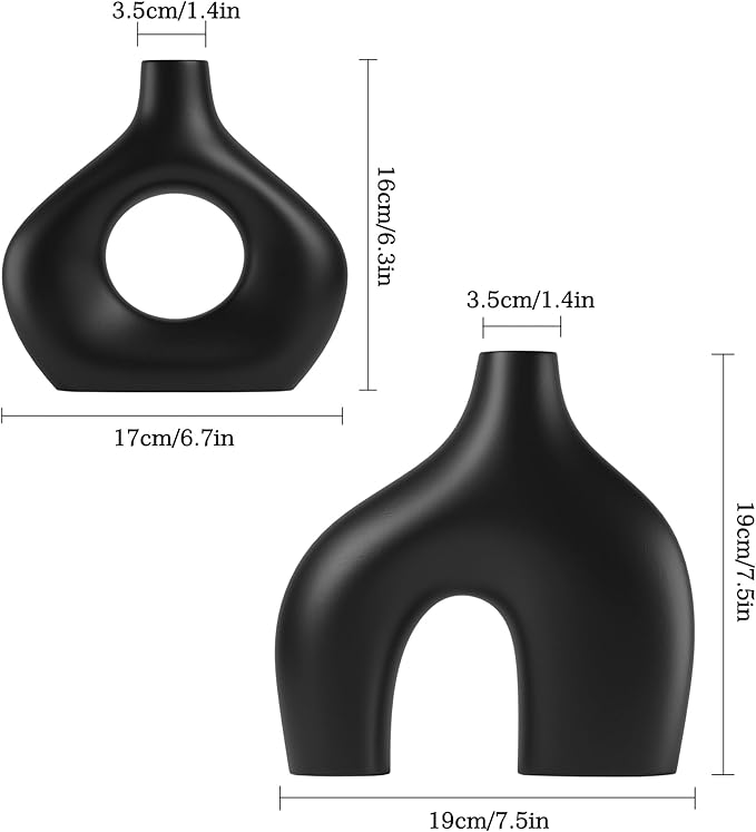 Ceramic Vase Set of 2, Black Pampas Grass Vases for Home Decor, Round Boho Vases for Flowers, Nordic Minimalism Style vase for Table Centerpiece Living Room Bedroom Shelf Decor