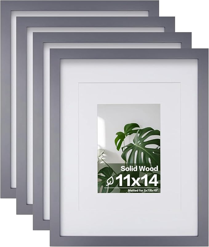 Egofine 11x14 Picture Frames 4 Pack Display Pictures 5x7/8x10 with Mat or 11x14 Without Mat Made of Solid Wood Covered by Plexiglass for Table Top Display and Wall Mounting Photo Frames, Dark Gray