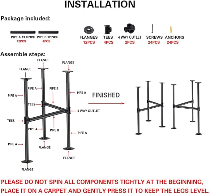 Industrial Pipe Table Leg Set,Metal Table Legs for Coffee and End Tables, Desks, Nightstand,2Pcs, 28" H × 18" W(Black)