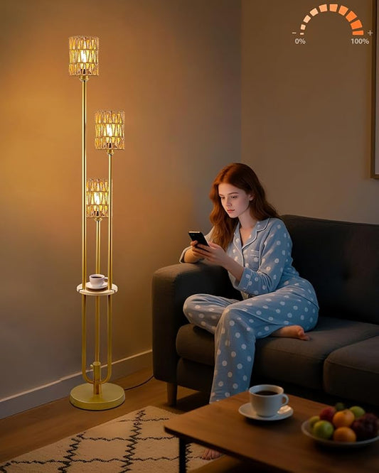 63IN Dimmable Floor Lamp with Shelf, Gold Rattan Tall Standing Lamps Candle Holder Style, 3000K Warmwhite Mid Century Modern Floor Lamp for Living Room (Bulbs Included)