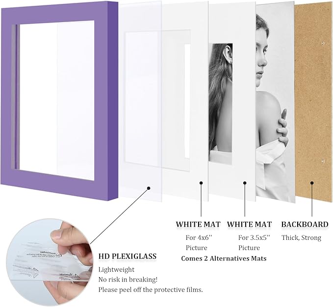 Egofine 5x7 Picture Frame 4PCS Made of Solid Wood, Display Pictures 3.5x5/4x6 with Mat or 5x7 Without Mat Covered by Plexiglass for Table Top Display and Wall Mounting Photo Frame, Purple