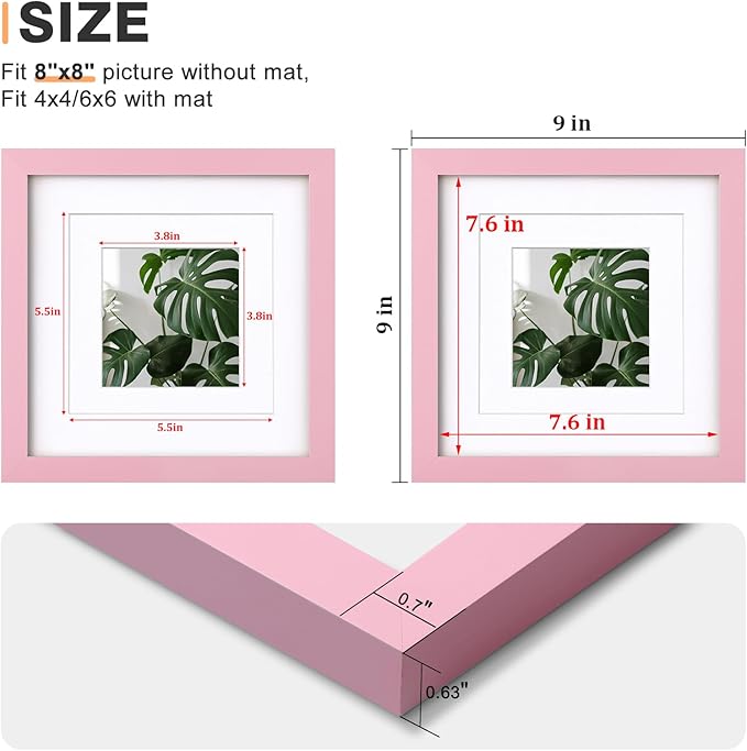 Egofine 8x8 Picture Frames with Plexiglass, Display Pictures 4x4/6x6 with Mat or 8x8 Without Mat Set of 4 for Tabletop and Wall Mounting, Pink