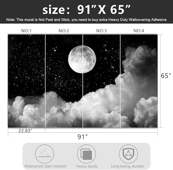 -Gray Galaxy Universe Moon Fabric Wallpaper Ceiling Starry Night White Clouds Living Room Bedroom Bathroom Boys and Girls Children's Room Large Mural- 91"x65"（ not Peel and Stick）