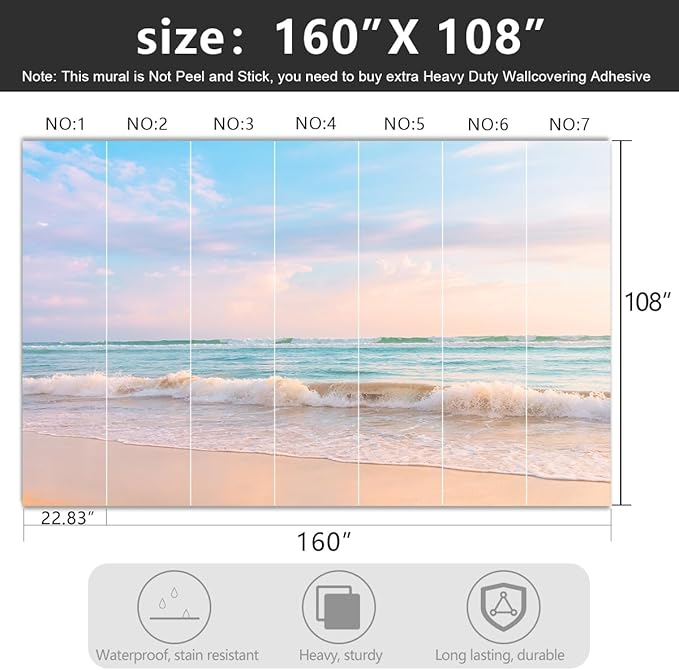 -Clear Waves Summer Beach Coastal Scenery Fabric Wallpaper Coastal Islands Living Room Bedroom Bathroom Boys Girls Kids Room Large Mural- 160"x108"（ not Peel and Stick）