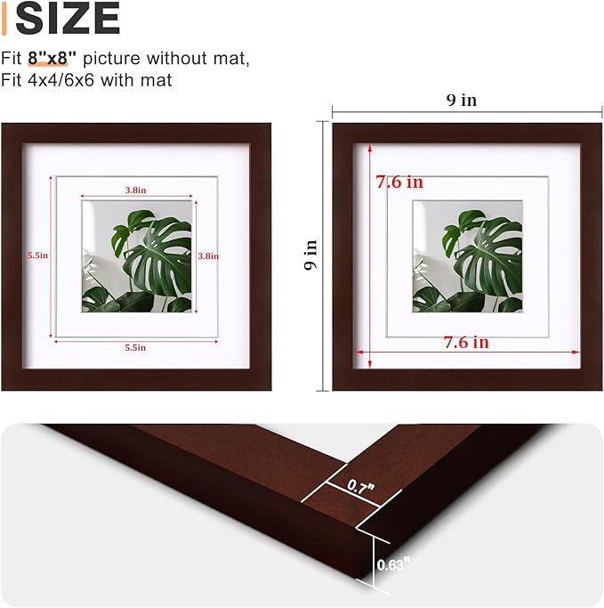 Egofine 8x8 Picture Frames Made of Solid Wood with Plexiglass, Display Pictures 4x4/6x6 with Mat or 8x8 Without Mat Set of 4 for Tabletop and Wall Mounting, Walnut Color