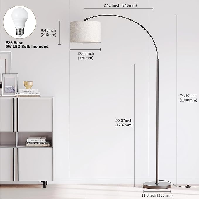 SUNMORY Arc Floor Lamp with 3 Color Temperature, Modern Floor Lamp with 9w A19 LED Bulb, 75″ Height Tall Lamp for Living Room with Hanging Drum Shade & Weighted Base. Arched Standing Lamp for Bedroom