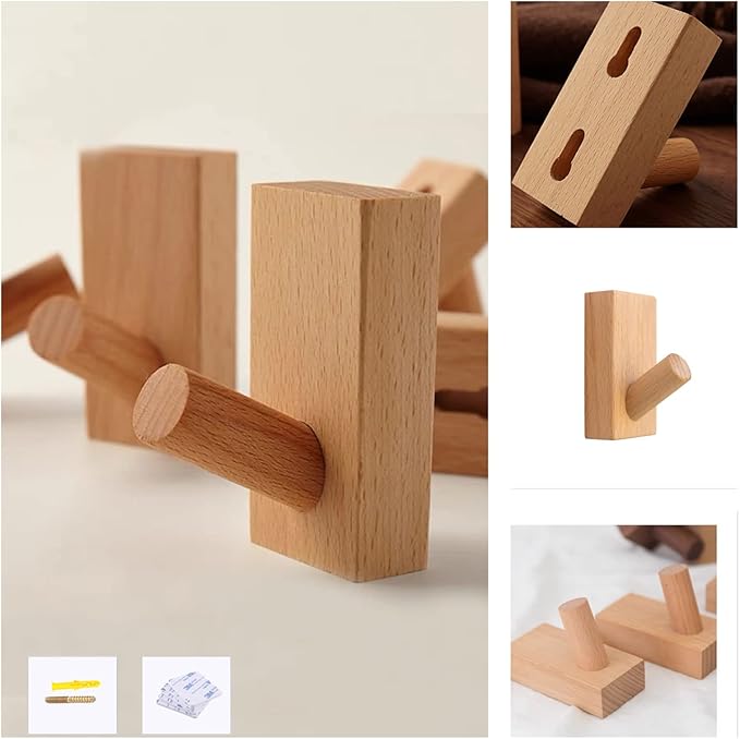 HomeDo 4Pack Adhesive Wall Hooks Hat Rack, Wooden Coat Hooks Wall Mounted, Decorative Hooks Single Organizer Hat Hanger Towel Rack, Heavy Duty Hooks (Rectangle-Beech,4P)