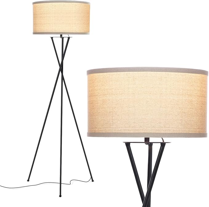 Brightech Jaxon LED Floor lamp, Modern Lamp for Living Rooms & Offices, Tall Lamp with Contemporary Drum Shade, Gold Tripod Standing Lamp for Bedroom Reading, Great Living Room Decor - Black
