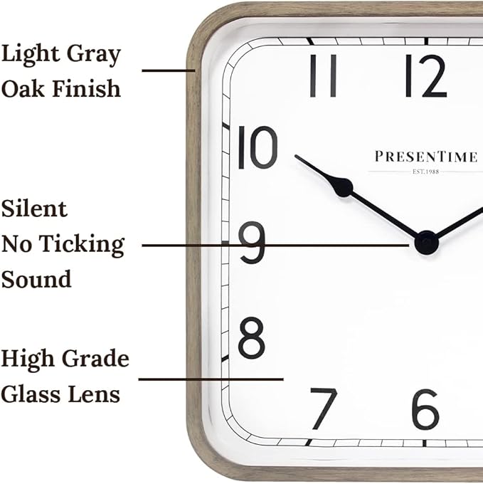 Presentime & Co. 16" Anton Modern Farmhouse Square Clock, Silent No Ticking, Wall Art and Timepiece for Home Decoration/Wall Décor, Light Gray Oak Color