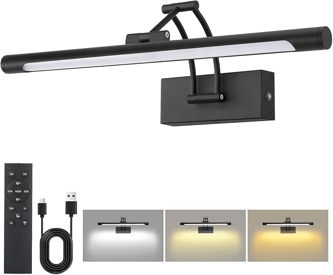 16“ Picture Lights for Wall Battery Operated, Wireless Picture Light with Remote, Rechargeable Wall Light 3000K/4000K/6000K Dimmable, Art Lighting for Paintings Frame Gallery Dartboard Light, Black