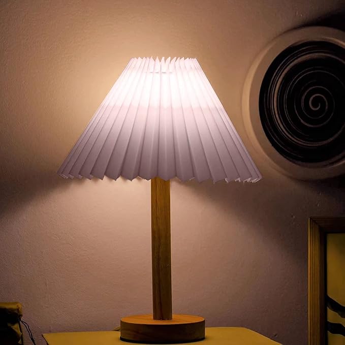 Zenply Korean Pleated Table Lamp, Cute Pink Small Table Lamp Nightstand Lamp, Mini Bedside Lamp for Bedroom Living Room Small Spaces, Small Table Lamp, with LED Bulb