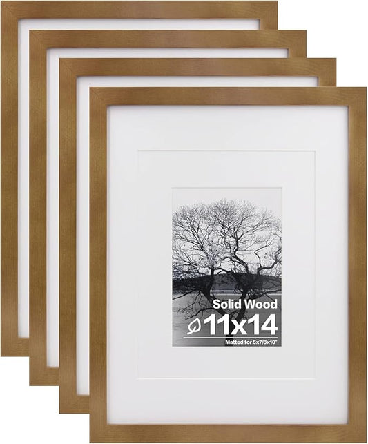 Egofine 11x14 Picture Frames 4 Pack Display Pictures 5x7/8x10 with Mat or 11x14 Without Mat Made of Solid Wood Covered by Plexiglass for Table Top Display and Wall Mounting Photo Frame, Light Brown