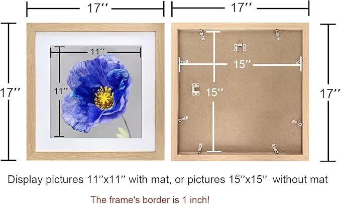 VNVNK 15x15 Frame Natural Wood Color, Perfect for 15x15 Inch Picture without Mat or 11x11 Inch Picture with Mat, Home Wall Decor Picture Frame-1 PCS