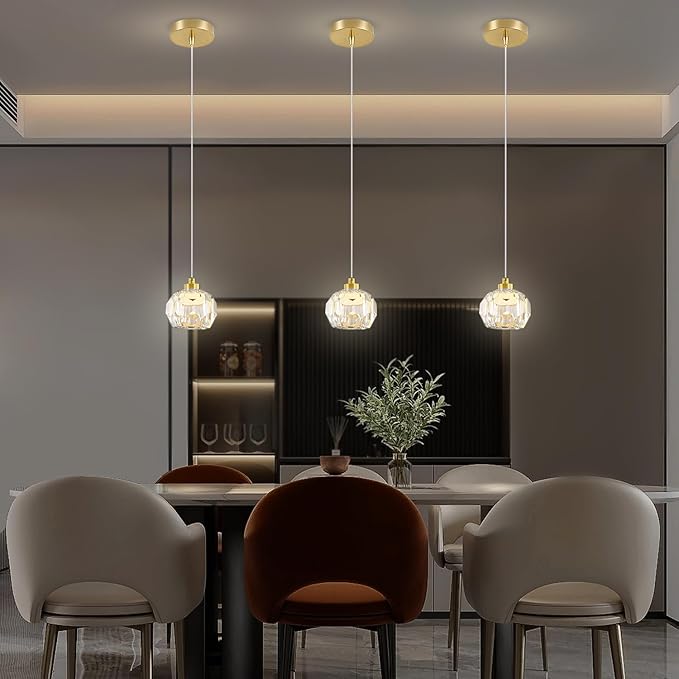 1-Light Gold Pendant Light Fixtures,Crystal Ball Chandelier for Entyway Bedroom Dimmable Pendant Light Kitchen Island 5W