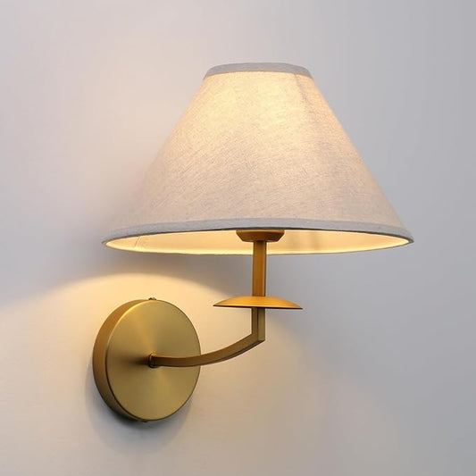 Pathson Hardwired Fabric Wall Sconce Linen Big Cone Lampshade, Vintage Wall Vanity Light Fixture Curved Arm Upwards Install, Indoor Bedside Lamp Decor for Living Room, Bathroom, Kitchen, Foyer
