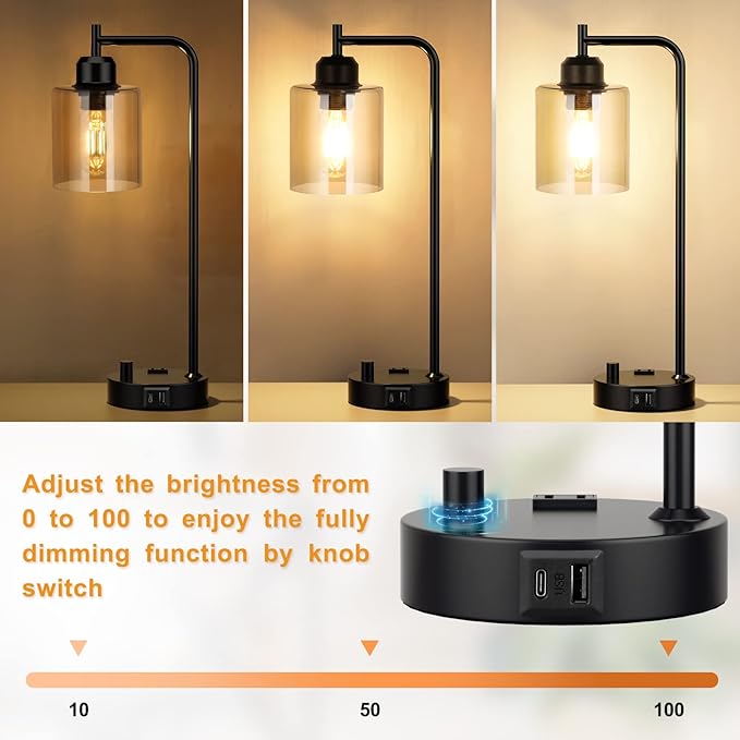 Industrial Bedside Desk Lamps for Bedroom - Grey Smoked Glass Shade Table Lamp with USB C Port, Fully Dimmable Small Lamps with USB Port and Outlet, Reading Nightstand Lamps for Office Living Room