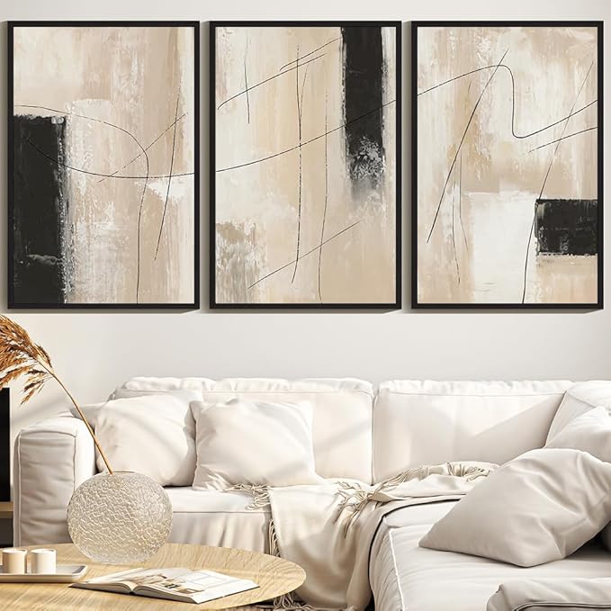 KUVIOKE Abstract Framed Wall Art Minimalist Beige Pastel Watercolor Neutral Wall Decor Modern Black Line Art Painting Home Decor 24x36in (Black Framed)