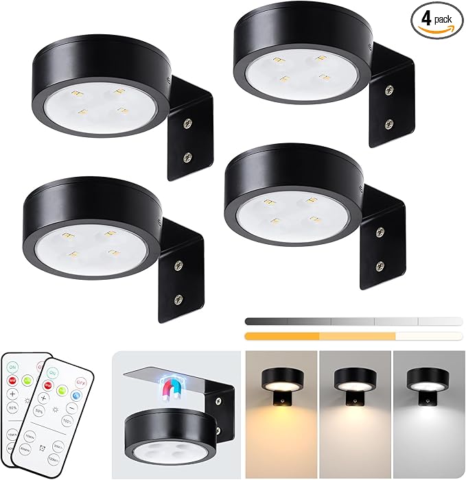 4-Pack Picture Light Battery Operated with Remote, Led Lights Dimmable and Timer Painting Light, Art Display Light for Picture Frame Artworking Portrait, Home Wall Decor Puck Lights, Black