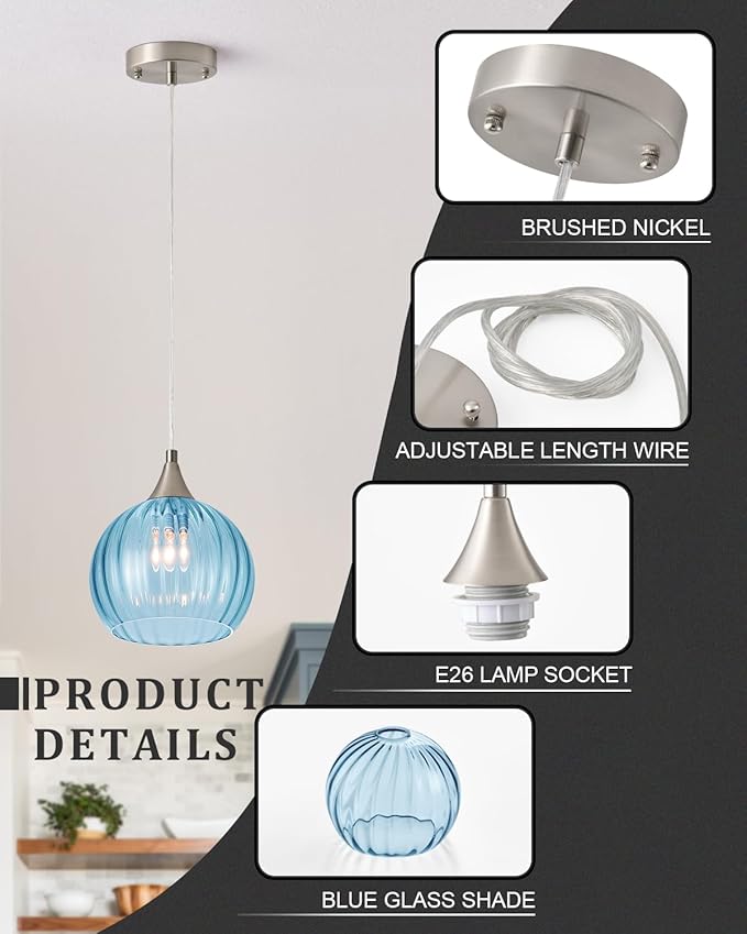 Brushed Nickel Pendant Lights Kitchen Island, Globe Pendant Light Fixtures with 8 Inch Clear Glass Shade, Modern Hanging Light Fixtures for Kitchen, Bedroom (1 Pack - Blue Glass Pendant Light)