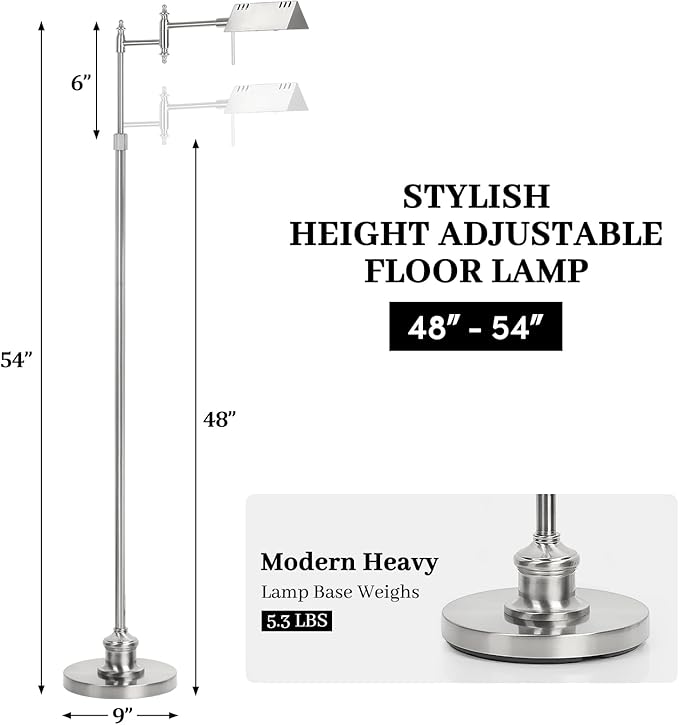 Dimmable Pharmacy Floor Lamp with Remote, 15W LED Reading Floor Lamp with 360°Swing Arm, 3 Color Temperature, Height Adjustable Silver Standing Task Lamp for Living Room, Bedroom, Brushed Nickel