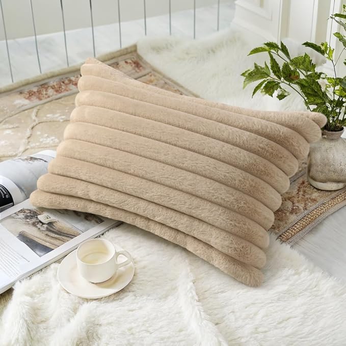 decorUhome Fall Faux Fur Throw Pillow Covers 12x20 Set of 2, Decorative Soft Plush Striped Neutral Couch Euro Pillow Covers with Velvet Back for Sofa, Bed, Living Room Home Decor, Light Khaki Brown