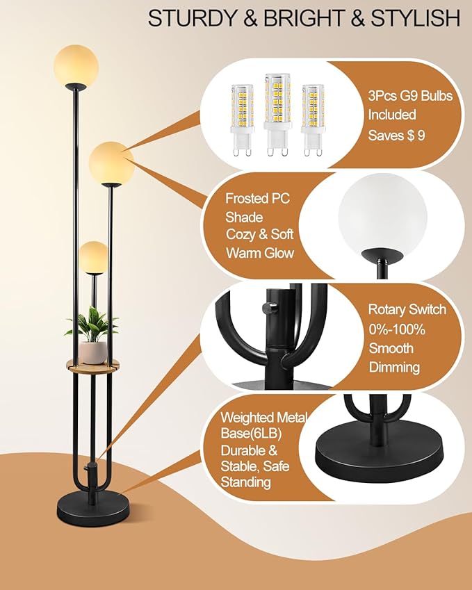 63IN Dimmable Floor Lamp with Shelf, Unique Globe Black Tall Standing Lamps Candle Holder Style, 3000K Warmwhite Mid Century Modern Floor Lamp for Living Room Home Office(Bulbs Included)