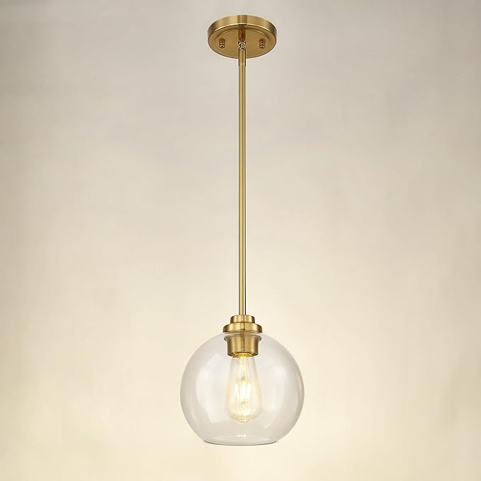 8 inch Modern Gold Pendant Light Fixtures, Mid Century Globe Pendant Lights with Clear Glass, 1 Light Hanging Lights for Kitchen Island, Bathroom, Dining Room (1 Pack), PL101BG-L