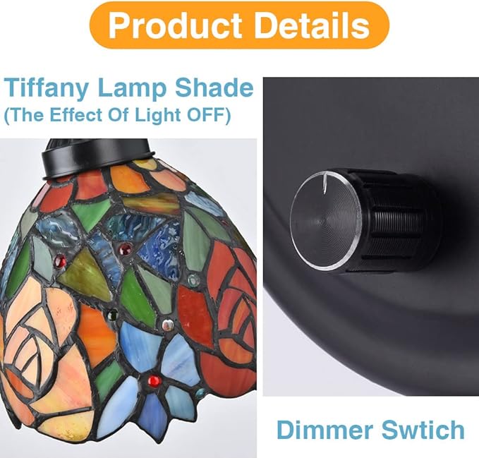 Tiffany Bedside Wall Mount Lamp with Dimmable Switch, Industrial Vintage Gooseneck Wall Sconce with Plug in Cord, Rose Stained Glass Shade Wall Light Perfect for Bedroom, Living Room and Hotel
