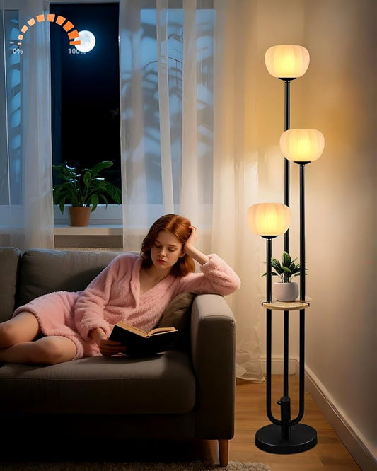 Lightdot Black Floor Lamp with Table, Modern Dimmable Floor Lamps with Pumpkin Lampshade, 3000K Soft Warm White Bulbs Included, 3-Light Tall Standing Lamp for Living Room/Bedroom