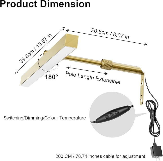 Plug in Picture Lights for Wall, 16 inch Dimmable LED Art Light with Remote, 3 Colour Temperature Gallery Painting Wall Light for Picture Display Dartboard Art Work (Gold)