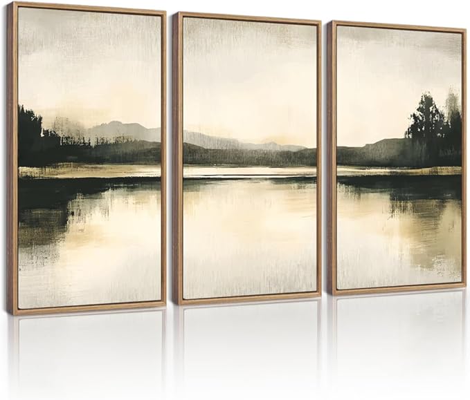 KUVIOKE Watercolor Abstract Mountain Lake Framed Wall Art Brown Landscape Nature Wilderness Painting Nordic Neutral Tan Illustration Decorative Home Decor 16x24in (Natural Framed)