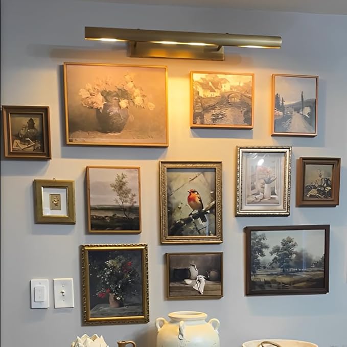 Brass Picture Lights for Wall, 24" Linear Picture Light Hardwired, 3-Light Brush Gold Art Light, Warm White 2700k Dimmable Picture Lamp, 270° Picture Frame Light for Bathroom, Living Room, Hallway