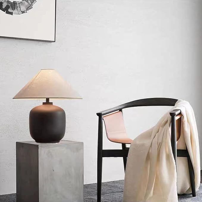 PURESILKS Modern Minimalist Table Lamps, Rustic Farmhouse Ceramic Table Lamp, 16.53" Tall Desk Lamp with Off-Black Linen Drum Lampshade Decor for Living Room Bedroom Bedside Nightstand (Black)